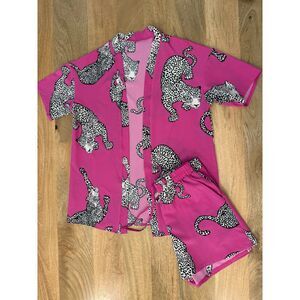 Kimono and shorts set, size M, fuchsia and print Shein